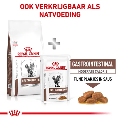 Royal Canin Gastrointestinal Moderate Calorie kattenvoer, droog- en natvoeding. Tekst: ook verkrijgbaar als natvoeding, fijne plakjes in saus.