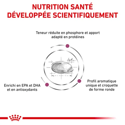 NUTRITION SANTÉ DÉVELOPPÉE SCIENTIFIQUEMENT. Teneur réduite en phosphore, apport adapté en protéines, enrichi en EPA et DHA, antioxydants, profil aromatique unique, croquette ronde.