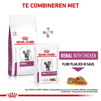 Royal Canin Veterinary Renal droogvoer en natvoer voor katten, tekst: RENAL WITH CHICKEN, fijne plakjes in saus. Te combineren met andere RENAL-voedingen.