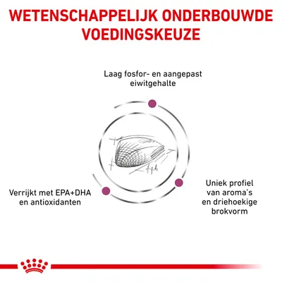 Wetenschappelijk onderbouwde voedingskeuze. Laag fosfor- en aangepast eiwitgehalte. Verrijkt met EPA+DHA en antioxidanten. Uniek profiel van aroma’s en driehoekige brokvorm.