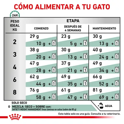 Tabla de alimentación para gatos según peso ideal (2–8 kg) y etapa: comienzo, después de 4 semanas y mantenimiento. Incluye cantidades en gramos y opción de mezcla con sobres de 85 g.
