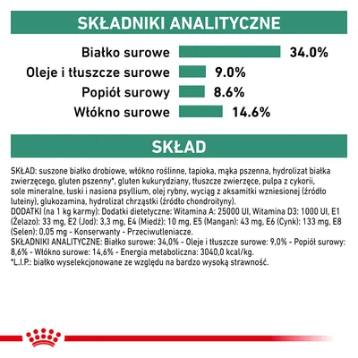 Składniki analityczne: białko surowe 34,0 %, oleje i tłuszcze surowe 9,0 %, popiół surowy 8,6 %, włókno surowe 14,6 %. Skład: suszone białko drobiowe, witaminy, minerały. Składniki analityczne: białko surowe 34,0 %, oleje i tłuszcze surowe 9,0 %, popiół surowy 8,6 %, włókno surowe 14,6 %. Skład: suszone białko drobiowe, witaminy, minerały.