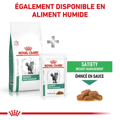 Royal Canin Veterinary Satiety Weight Management pour chats, disponible en croquettes et sachets émincé en sauce. Texte visible : ÉGALEMENT DISPONIBLE EN ALIMENT HUMIDE.