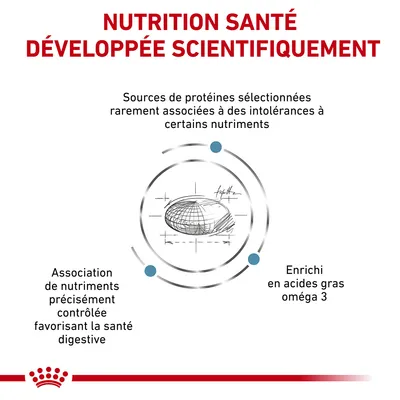 NUTRITION SANTÉ DÉVELOPPÉE SCIENTIFIQUEMENT. Sources de protéines sélectionnées, association de nutriments contrôlée pour la santé digestive, enrichi en acides gras oméga 3.