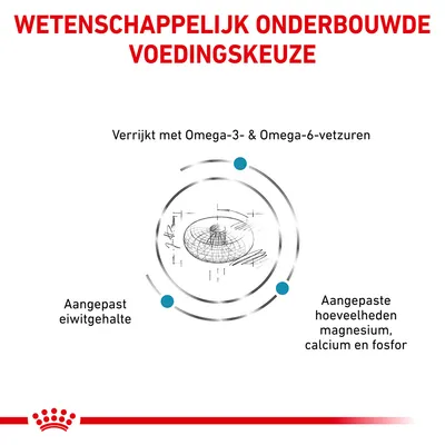 Wetenschappelijk onderbouwde voedingskeuze. Verrijkt met Omega-3- & Omega-6-vetzuren, aangepast eiwitgehalte, aangepaste hoeveelheden magnesium, calcium en fosfor.