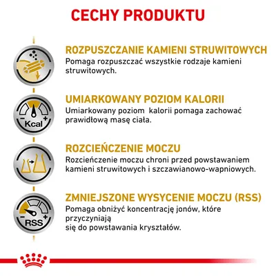 Cechy produktu: rozpuszczanie kamieni struwitowych, umiarkowany poziom kalorii, rozcieńczenie moczu, zmniejszone wysycenie moczu (RSS).