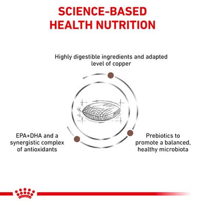 Science-based health nutrition with highly digestible ingredients, adapted copper level, EPA and DHA antioxidants, and prebiotics for balanced microbiota.