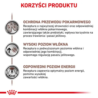 Korzyści produktu: ochrona przewodu pokarmowego, wysoki poziom włókna, odpowiedni poziom energii. Szczegóły dotyczą receptury i wpływu na trawienie oraz regulację pasażu jelitowego.