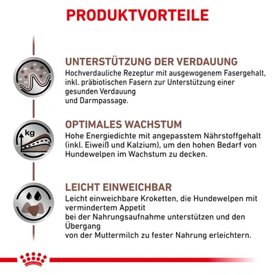 Produktvorteile: Unterstützung der Verdauung, optimales Wachstum mit hoher Energiedichte und leicht einweichbare Kroketten für den Übergang von Muttermilch zu fester Nahrung.