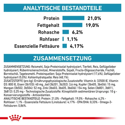 Analytische Bestandteile: Protein 21%, Fettgehalt 19%, Rohasche 6,2%, Rohfaser 1,1%, Essenzielle Fettsäure 4,17%. Zusammensetzung: Reis, Soja-Protein, Tierfett, Mineralstoffe, Fischöl.