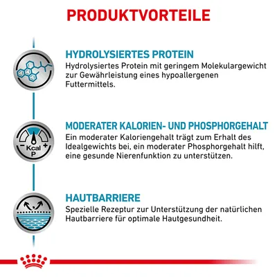 Produktvorteile: Hydrolysiertes Protein für hypoallergenes Futter, moderater Kalorien- und Phosphorgehalt für Nierenfunktion, spezielle Rezeptur zur Unterstützung der Hautbarriere.