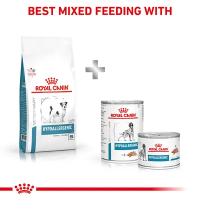 ROYAL CANIN Hypoallergenic dry food for small dogs beside two cans of ROYAL CANIN Hypoallergenic wet food, text above reads BEST MIXED FEEDING WITH