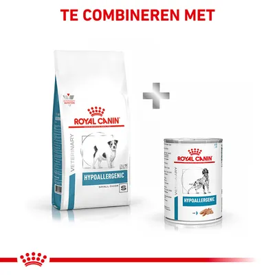 Royal Canin Hypoallergenic droogvoer voor kleine honden en natvoer, beide met zichtbaar merk en productnaam. Tekst boven: 'Te combineren met'.