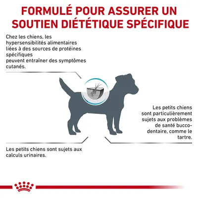 Formulé pour assurer un soutien diététique spécifique. Hypersensibilités alimentaires, problèmes cutanés, bucco-dentaires et calculs urinaires chez les petits chiens.