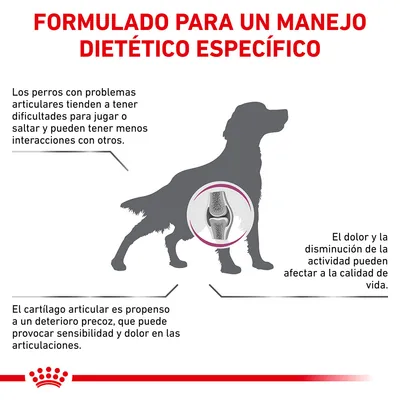 Formulado para un manejo dietético específico. Información sobre problemas articulares en perros: dolor, menor actividad, deterioro del cartílago y calidad de vida afectada.