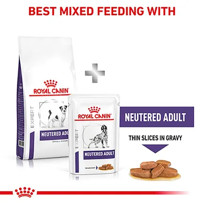 Mixed feeding recommendation with Royal Canin Neutered Adult dry food and wet food pouches, featuring thin slices in gravy.