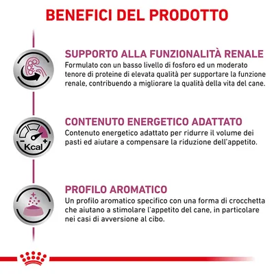 BENEFICI DEL PRODOTTO: supporto alla funzionalità renale, contenuto energetico adattato, profilo aromatico. Testo descrittivo su ciascun beneficio visibile nell'immagine.