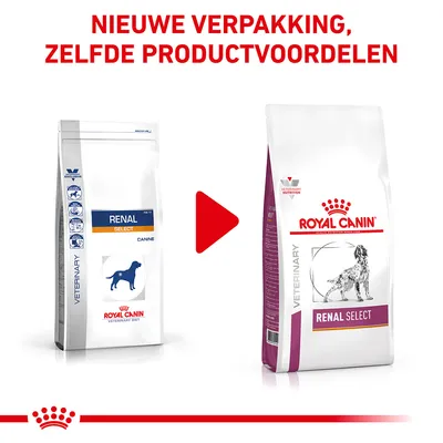 Royal Canin Renal Select hondenvoer: oude en nieuwe verpakking naast elkaar, met tekst 'Nieuwe verpakking, zelfde productvoordelen' bovenaan.