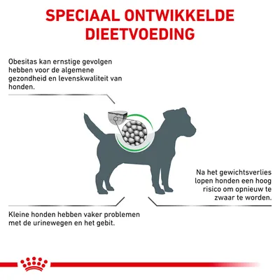 Speciaal ontwikkelde dieetvoeding. Obesitas kan ernstige gevolgen hebben voor honden. Kleine honden hebben vaker problemen met urinewegen en gebit. Hoog risico op opnieuw overgewicht na gewichtsverlies.