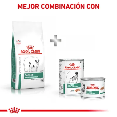 Mejor combinación con Royal Canin Satiety Weight Management: saco de pienso para perros pequeños y dos latas de comida húmeda, todas con la marca y texto visibles en el envase. Mejor combinación con Royal Canin Satiety Weight Management: saco de pienso para perros pequeños y dos latas de comida húmeda, todas con la marca y texto visibles en el envase.