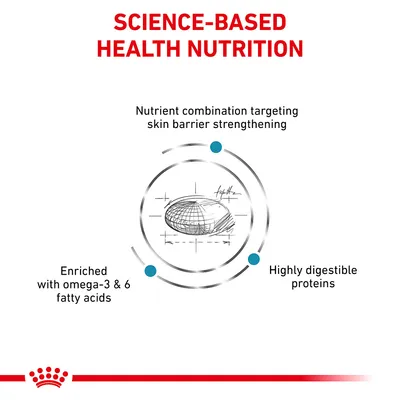 Science-based health nutrition with nutrient combination for skin barrier strengthening, enriched with omega-3 and 6 fatty acids, and highly digestible proteins.