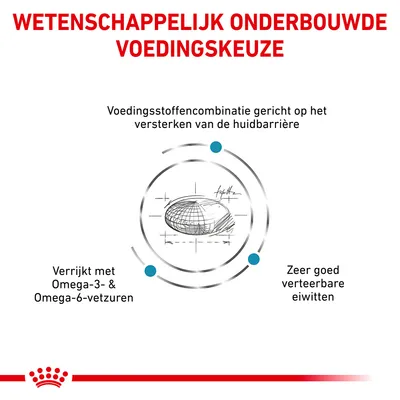 Wetenschappelijk onderbouwde voedingskeuze: combinatie van voedingsstoffen voor huidbarrière, verrijkt met Omega-3- en Omega-6-vetzuren, zeer goed verteerbare eiwitten.