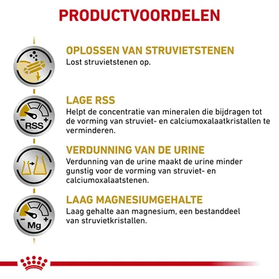 Productvoordelen: oplossen van struvietstenen, lage RSS, verdunning van de urine, laag magnesiumgehalte. Uitleg over vermindering van kristalvorming en mineralenconcentratie.