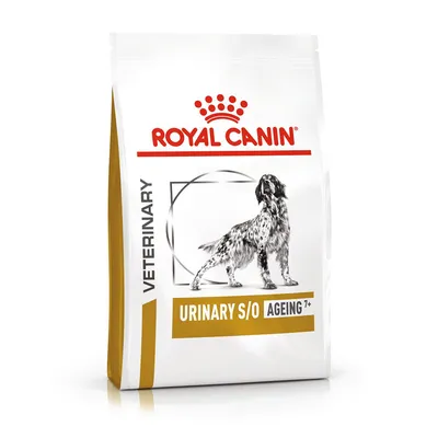 Bag labelled Royal Canin Veterinary Urinary S/O Ageing 7+ with an image of a dog on the front. Bag labelled Royal Canin Veterinary Urinary S/O Ageing 7+ with an image of a dog on the front.