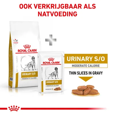 Royal Canin Urinary S/O Moderate Calorie droog- en natvoer voor honden, tekst: ook verkrijgbaar als natvoeding, thin slices in gravy, afbeelding van brokjes in saus.