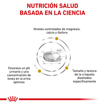 NUTRICIÓN SALUD BASADA EN LA CIENCIA. Niveles controlados de magnesio, calcio y fósforo. Favorece un pH urinario y concentración de iones óptimos. Tamaño y textura de la croqueta diseñados.