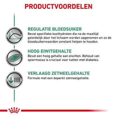 Productvoordelen: regulatie bloedsuiker, hoog eiwitgehalte, verlaagd zetmeelgehalte. Uitleg: specifieke koolhydraten, behoud spiermassa bij katten met diabetes, formule met beperkt zetmeel.