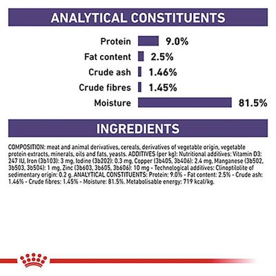 Näringsanalys: protein 9,0 %, fett 2,5 %, råaska 1,46 %, råfiber 1,45 %, fukt 81,5 %. Ingredienser: kött och animaliska biprodukter, spannmål, vegetabiliska produkter, mineraler, jäst.