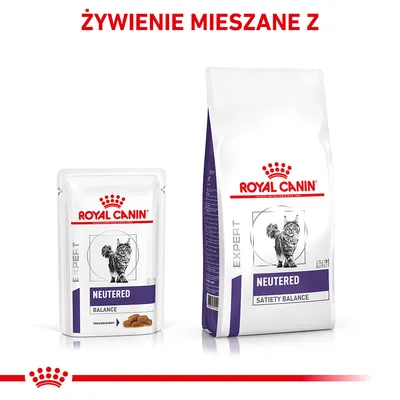 ROYAL CANIN EXPERT NEUTERED BALANCE saszetka oraz ROYAL CANIN EXPERT NEUTERED SATIETY BALANCE worek, widoczne opakowania karmy dla kotów. Napis: ŻYWIENIE MIESZANE Z.