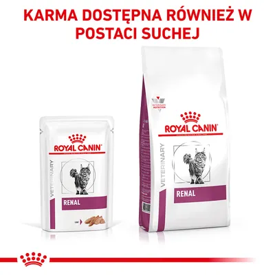 ROYAL CANIN RENAL karma dla kotów, opakowania mokrej i suchej karmy. Napis: KARMA DOSTĘPNA RÓWNIEŻ W POSTACI SUCHEJ.