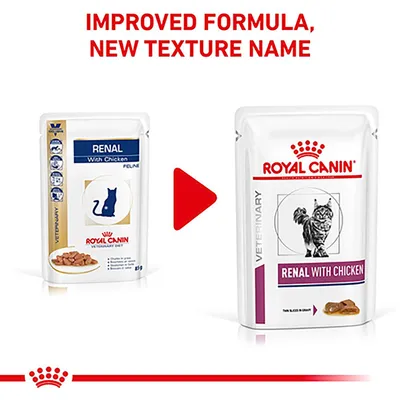 Image shows packaging change for Royal Canin Renal with Chicken, highlighting improved formula and new texture name. Old and new packs are displayed side by side with an arrow.