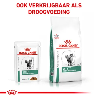 Royal Canin Satiety Weight Management kattenvoer, nat- en droogvoeding verpakkingen. Tekst: Ook verkrijgbaar als droogvoeding.