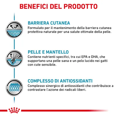 Benefici del prodotto: barriera cutanea, pelle e mantello, complesso di antiossidanti. Testo descrittivo su mantenimento della pelle, nutrienti EPA e DHA, azione antiossidante.