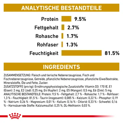 Анализ состава: белок 9,5 %, жир 2,7 %, зола 1,7 %, клетчатка 1,3 %, влага 81,5 %. Ингредиенты и добавки указаны на немецком и английском языках.