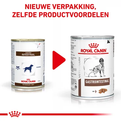 Royal Canin Gastrointestinal hondenvoer: oude en nieuwe verpakking naast elkaar. Bovenaan staat: 'Nieuwe verpakking, zelfde productvoordelen'.