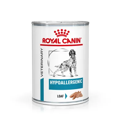 ROYAL CANIN VETERINARY HYPOALLERGENIC LOAF Dose mit Hundebild und Futterabbildung