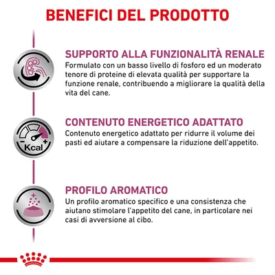 Benefici del prodotto: supporto alla funzionalità renale, contenuto energetico adattato, profilo aromatico. Testo descrittivo su ciascun beneficio visibile nell'immagine.