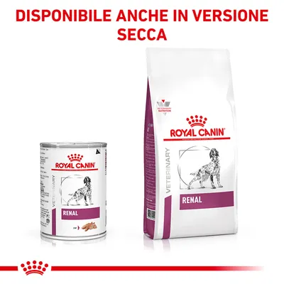 ROYAL CANIN RENAL alimento per cani, lattina e sacco. Testo visibile: DISPONIBILE ANCHE IN VERSIONE SECCA.