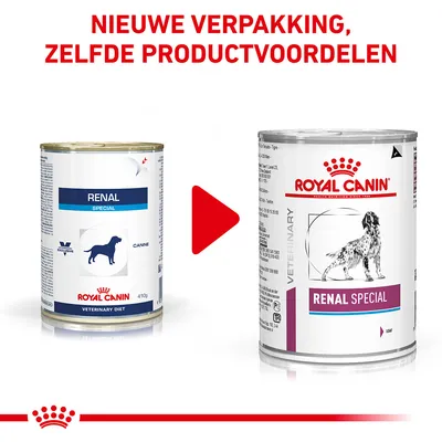 Nieuwe verpakking Royal Canin Renal Special hondenvoer, zelfde productvoordelen. Links oud blik, rechts nieuw blik met merknaam en productnaam duidelijk zichtbaar.
