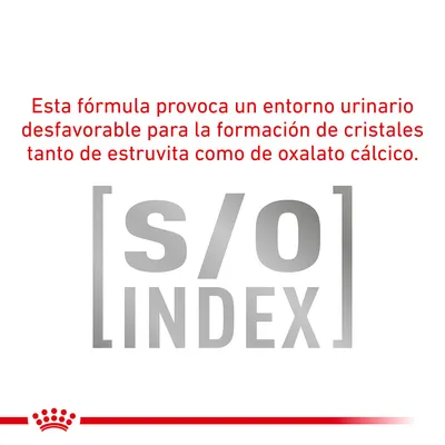 Esta fórmula provoca un entorno urinario desfavorable para la formación de cristales tanto de estruvita como de oxalato cálcico. s/o INDEX Esta fórmula provoca un entorno urinario desfavorable para la formación de cristales tanto de estruvita como de oxalato cálcico. s/o INDEX
