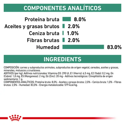 Componentes analíticos: proteína bruta 8 %, aceites y grasas brutos 2 %, ceniza bruta 1 %, fibras brutas 2 %, humedad 83 %. Ingredientes y aditivos nutricionales detallados.
