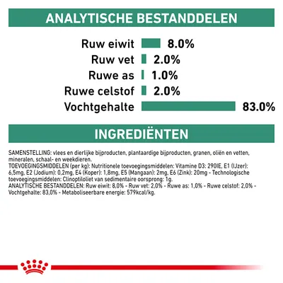Analytische bestanddelen: ruw eiwit 8,0%, ruw vet 2,0%, ruwe as 1,0%, ruwe celstof 2,0%, vochtgehalte 83,0%. Ingrediënten: vlees, dierlijke en plantaardige bijproducten, granen, oliën, vetten.