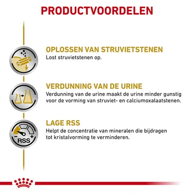Productvoordelen: oplossen van struvietstenen, verdunning van de urine vermindert steenvorming, lage RSS helpt kristalvorming door mineralen te verminderen. Alle tekst in het Nederlands.