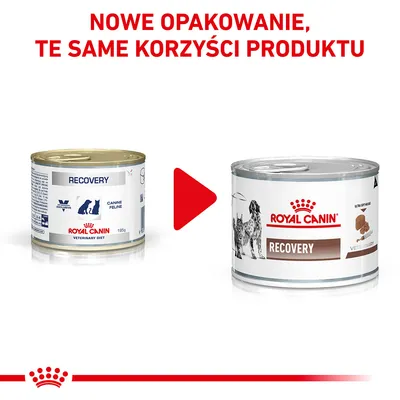 Zmiana opakowania karmy Royal Canin Recovery – po lewej stare, po prawej nowe opakowanie. Widoczny napis: Nowe opakowanie, te same korzyści produktu.
