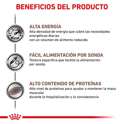 Beneficios del producto: alta energía, fácil alimentación por sonda y alto contenido de proteínas. Incluye descripciones sobre energía, textura para sonda y apoyo muscular.