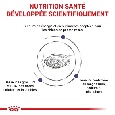 NUTRITION SANTÉ DÉVELOPPÉE SCIENTIFIQUEMENT. Teneurs en énergie et nutriments adaptées pour chiens de petites races. Acides gras EPA/DHA, fibres solubles/insolubles, magnésium, sodium, phosphore contrôlés.